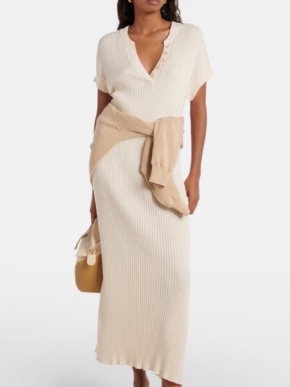 VARLEY Aria Ribbed Knit Cotton Jersey 
Polo Midi Dress Cream Color Sz XXS